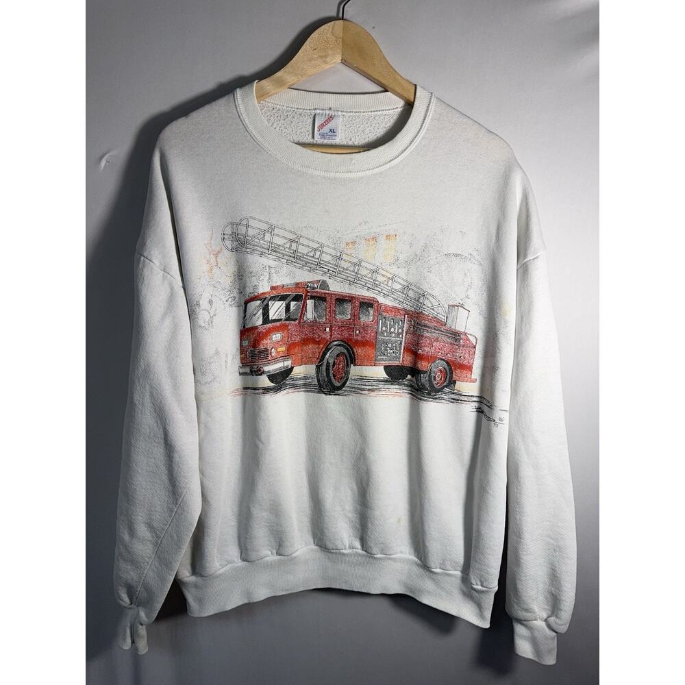 Vintage Russell Fire Truck Sweatshirt XL USA Made White‎ Graphic Crewneck